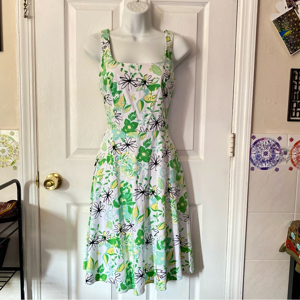 Cottagecore White Green Floral Fit & Flare A-Line Cotton Canvas Dress- Sz 4